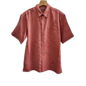Cubavera Hawaiian Shirt Button Up Floral Embroidered Red Coral Mens Medium
